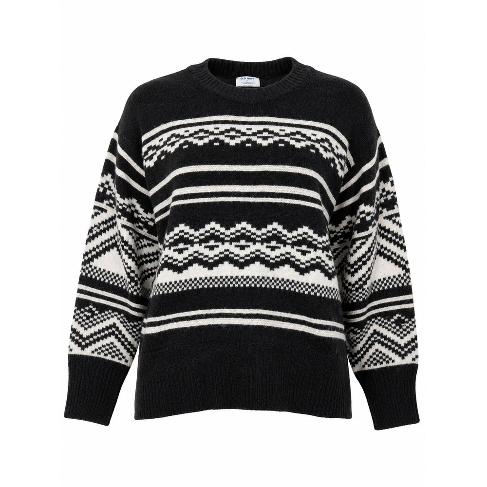 Old Navy Womens Black White Fair Isle Go-Recycled Crewneck Sweater Large Nordic